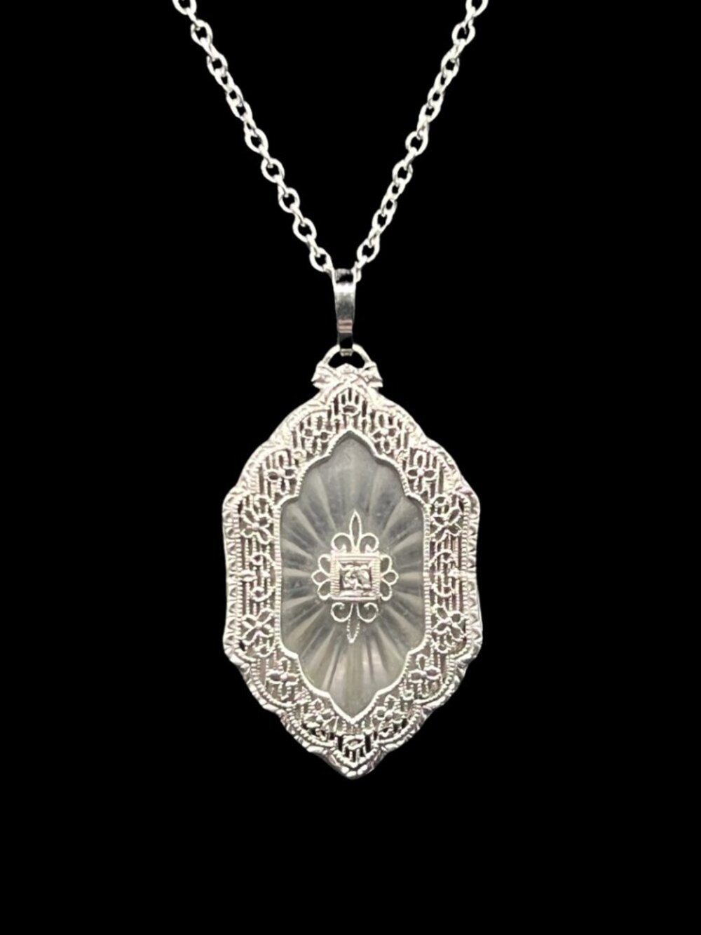 Antique Camphor Glass Silver Filigree Pendant on Silver Chain